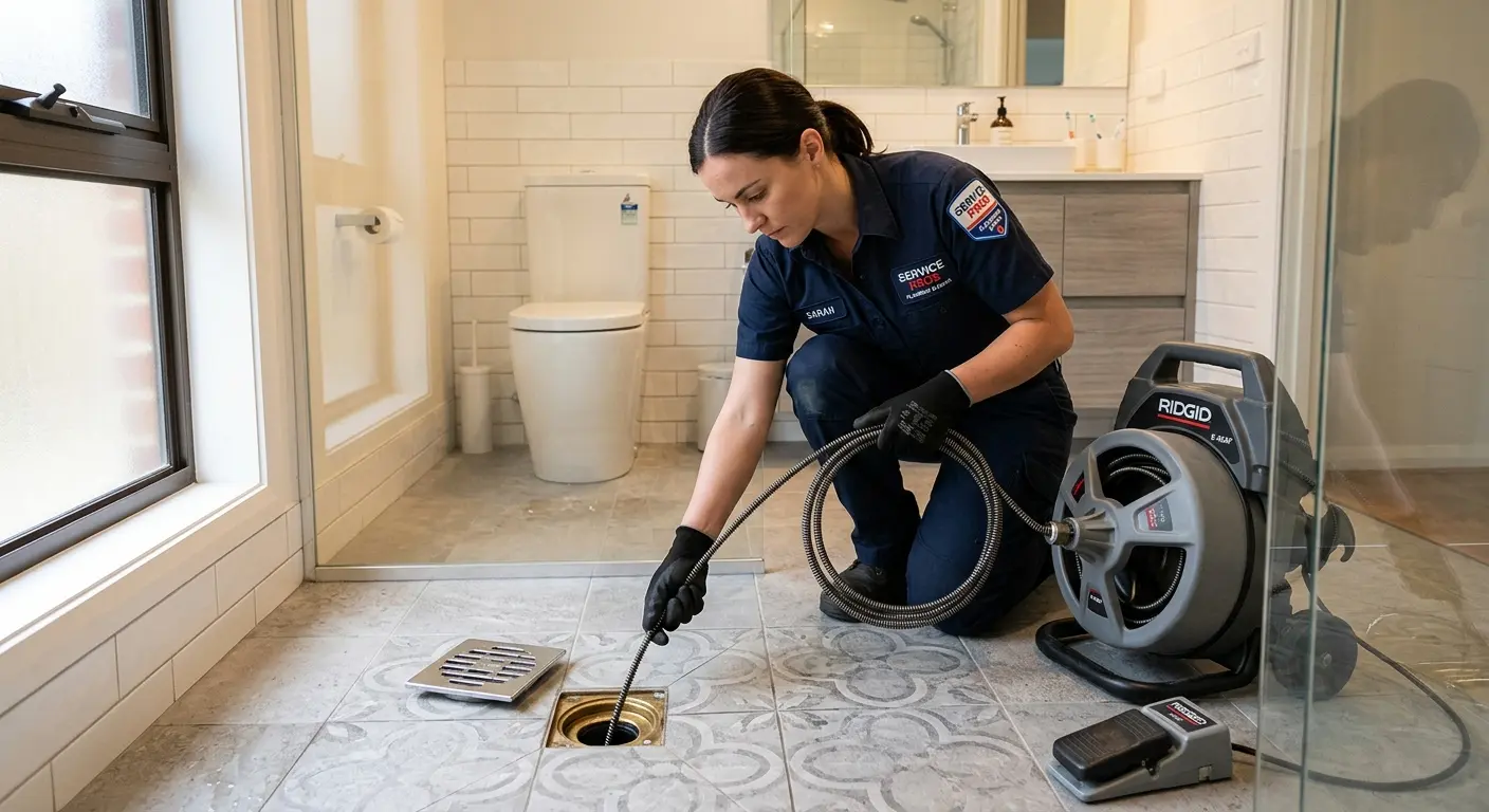 Technician clearing a bathroom floor drain for Sewer Line Installation in Aberdeen